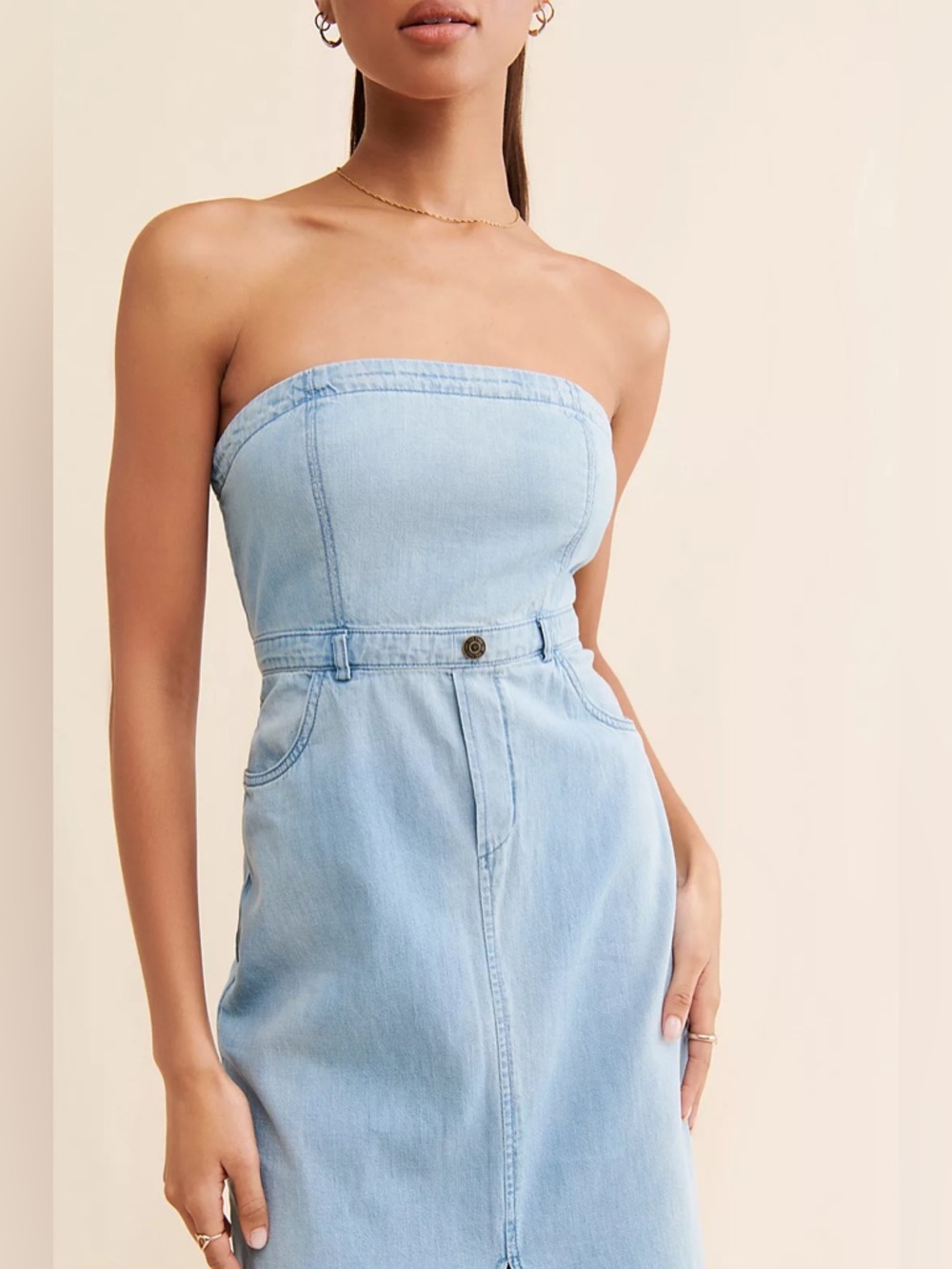 Free People Picture Perfect Strapless Light Blue Denim Midi Dress - Picture 3 of 4
